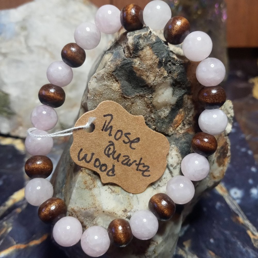 Rose Quartz and Wood Gemstone Healing Bracelet